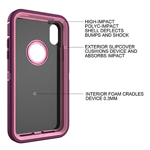 MXX Compatible with iPhone Xr Case, 3-Layer Super Protective Full Heavy Duty Body Tough Rugged Bumper Cover, Shock & Dust Proof, Designed for Apple Xr Phone Case 6.1" - color: Plum/Light Pink