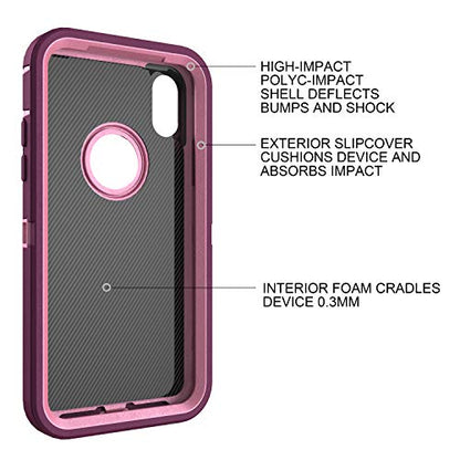 MXX Compatible with iPhone Xr Case, 3-Layer Super Protective Full Heavy Duty Body Tough Rugged Bumper Cover, Shock & Dust Proof, Designed for Apple Xr Phone Case 6.1" - color: Plum/Light Pink