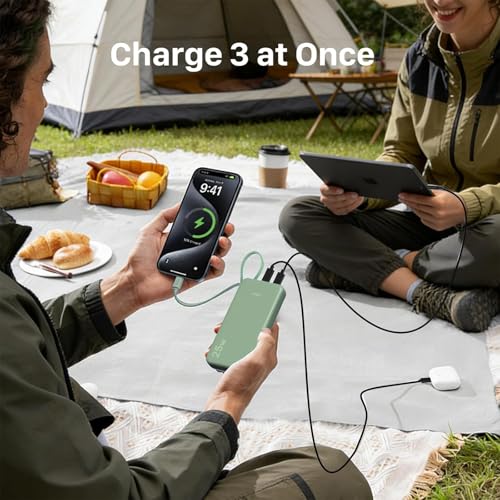 JUOVI 25W Portable Charger 10000mah Power Bank Built-in USB-C Cable - color: Green