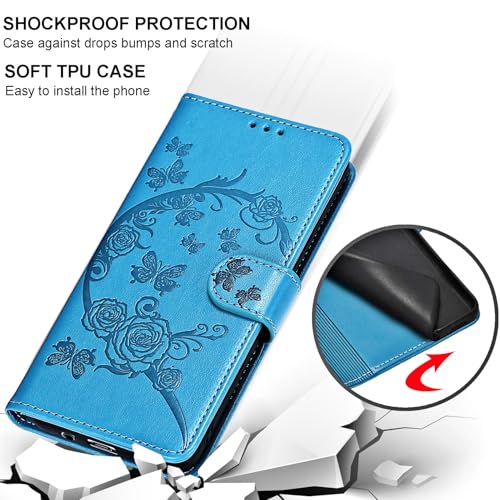 for iPhone 13/14 Wallet case, Blue-Flower | 3 Card Holders, Kickstand, Shockproof TPU Shell, PU Leather, Magnetic Closure, Protective Flip Folio Cover, Women - color: 7