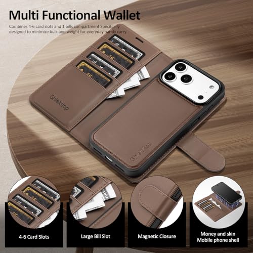 Shieldtop Compatible with MagSafe iPhone 17 Pro Wallet Case,Coffee | 2 in 1 Detachable Magnetic,Credit Card Holder Slots,RFID Blocking,PU Leather,Kickstand,Flip Folio Phone Cover for Men & Women - color: Coffee, size: iPhone 17 Pro - 6.3"
