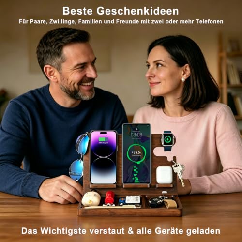 Wood Phone Docking Station with 4 Wireless Charger Nightstand Organizer - color: Walnut color