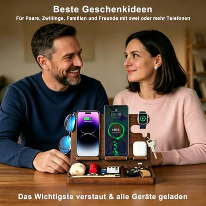 Wood Phone Docking Station with 4 Wireless Charger Nightstand Organizer - color: Walnut color