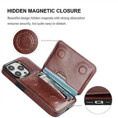 KIHUWEY Compatible with iPhone 15 Pro Wallet Case Credit Card Holder, Premium Leather Kickstand Flip Hidden Magnetic Clasp Durable Shockproof Protective Cover for iPhone 15 Pro 6.1 inch (Brown) - color: Brown