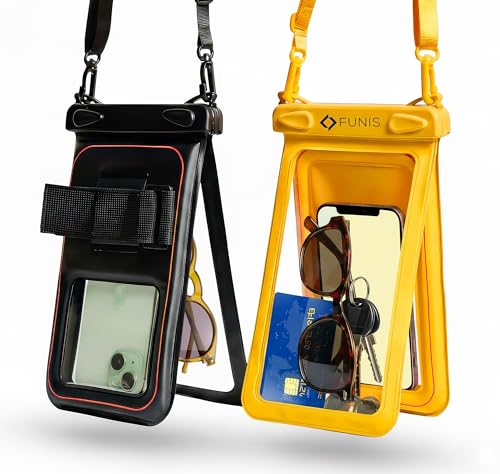 AQUAVAULT Floating Waterproof Phone Pouch, IPX8 Underwater, Large, 2 Pack | Underwater Phone Pouch with Dual Compartment for Phone & Valuables, Armband + Lanyard, Fits iPhone 17/16/15 Pro Max, S26/S25 - color: Black and Yellow