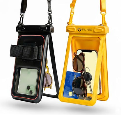 AQUAVAULT Floating Waterproof Phone Pouch, IPX8 Underwater, Large, 2 Pack | Underwater Phone Pouch with Dual Compartment for Phone & Valuables, Armband + Lanyard, Fits iPhone 17/16/15 Pro Max, S26/S25 - color: Black and Yellow