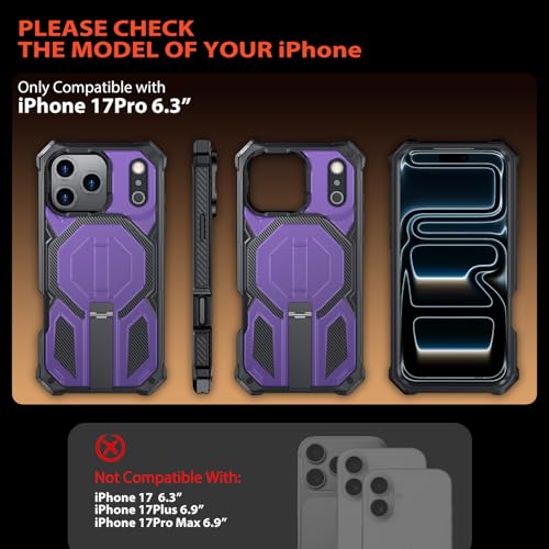 for iPhone 17 Pro Max Case with Kickstand, [15FT Military-Grade Drop Protection] [Compatible with MagSafe] Rugged Shockproof Heavy Duty Magnetic iPhone 17 Pro Max Phone Case Cover (Purple) - color: Purple