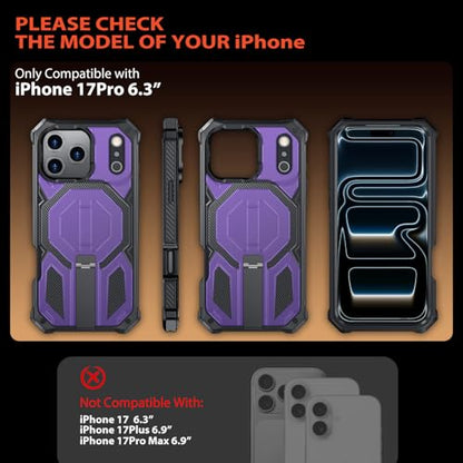 for iPhone 17 Pro Max Case with Kickstand, [15FT Military-Grade Drop Protection] [Compatible with MagSafe] Rugged Shockproof Heavy Duty Magnetic iPhone 17 Pro Max Phone Case Cover (Purple) - color: Purple