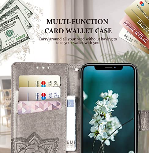 for iPhone 12 Pro/iPhone 12 Wallet Case,Women Flip Folio Cover with Butterfly Embossed PU Leather Kickstand Credit Card Holder Slots Wrist Strap for iPhone 12/12 Pro 6.1 inch (Gray) - color: Gray