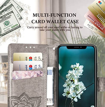 for iPhone 12 Pro/iPhone 12 Wallet Case,Women Flip Folio Cover with Butterfly Embossed PU Leather Kickstand Credit Card Holder Slots Wrist Strap for iPhone 12/12 Pro 6.1 inch (Gray) - color: Gray