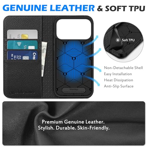 SHIELDON Genuine Leather Case Wallet for iPhone 17 Pro Max, Pebbled Black | Magnetic Closure, RFID Blocking, Credit Card Slot, Viewing Stand, Foldable Design, Shockproof TPU Phone Cover - color: Pebbled Black