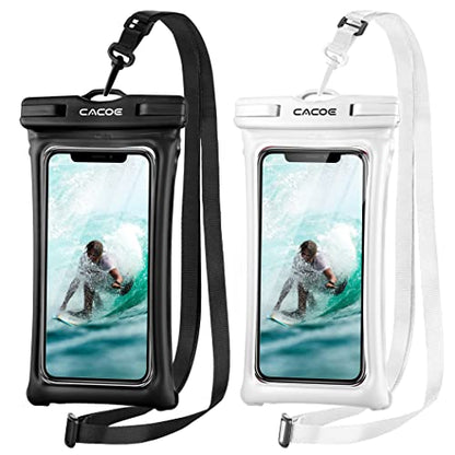 CACOE Floatable Waterproof Phone Pouch 2 Pack Up to 7.0",Black+White | Floatable, IPX8 Waterproof Phone Case,Adjustable Lanyard,Dry Bags for Beach/Cruise/Travel/Camping/Kayak/Vacation Essentials - color: Black+White