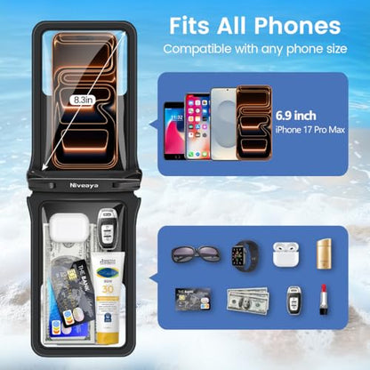Niveaya IPX8 Double Space Waterproof Phone Pouch (up to 8.3") -2 Pack Waterproof Phone Case with Lanyard for iPhone 17 16 15 Pro Max,Touchscreen & Underwater Photography, Beach Cruise Essentials 2026 - color: Black+ Black, size: Medium 8.3"