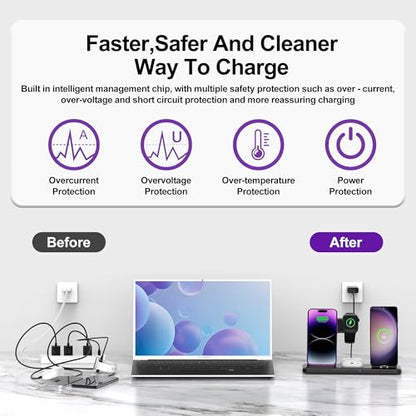 Wireless Charger for iPhone Charging Station, Foldable 4 in 1 Fast Charging for iPhone 16 15 14 13 12 Pro Max Plus, Charger Stand for Apple Watch & Airpods 4 3 2 Pro,for Samsung Series Black