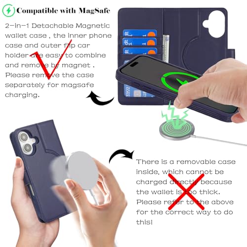 Ｈａｖａｙａ for iPhone 16 Case Detachable Wallet Case with Card Holder，2 in 1 Pu Leather Flip Folio Credit Card Slots Stand Compatible Magsafe Magnetic Shockproof Phone Cover (6.1")-Blue - color: Blue-Detachable