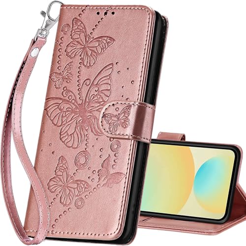 for Samsung Galaxy S24 FE Wallet case, Rose Gold-Butterfly | 3 Card Holders, Kickstand, Shockproof TPU Shell, PU Leather, Magnetic Closure, Protective Flip Folio Cover, Women - color: 6