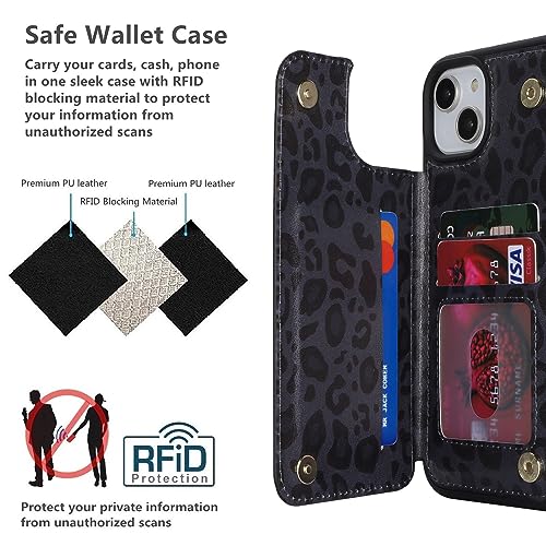 iCoverCase Compatible with iPhone 14 Plus Phone Case with Card Holder, Wallet Case for Women Men RFID Blocking PU Leather Protective Case 6.7 Inch (Black Leopard) - color: Black Leopard