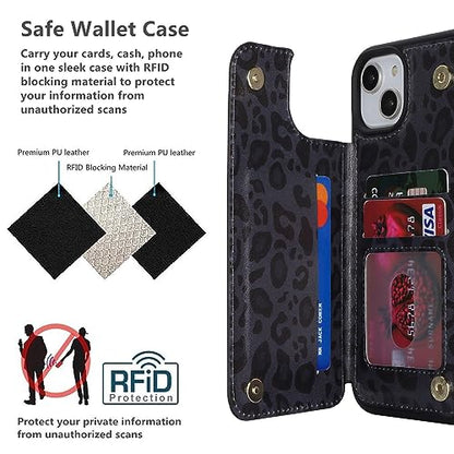 iCoverCase Compatible with iPhone 14 Plus Phone Case with Card Holder, Wallet Case for Women Men RFID Blocking PU Leather Protective Case 6.7 Inch (Black Leopard) - color: Black Leopard