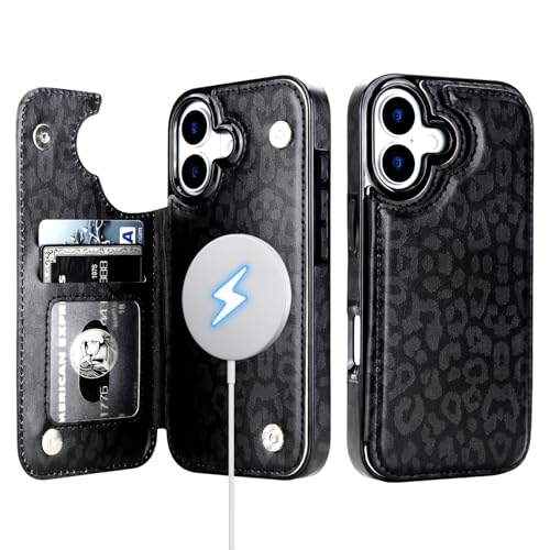 HAOPINSH Wallet Case for iPhone 17, Compatible with MagSafe Wireless Charging, Black Leopard Cheetah Pattern Back Flip Folio Leather Kickstand Card Slots Case Double Magnetic Clasp Cover 6.3" - color: Black Leopard for MagSafe