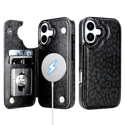 HAOPINSH Wallet Case for iPhone 17, Compatible with MagSafe Wireless Charging, Black Leopard Cheetah Pattern Back Flip Folio Leather Kickstand Card Slots Case Double Magnetic Clasp Cover 6.3" - color: Black Leopard for MagSafe