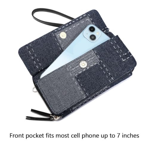 RFID Crossbody Wallet Wristlet Purse with Phone Pocket For Women Vegan Leather - color: Navy Blue -Denim
