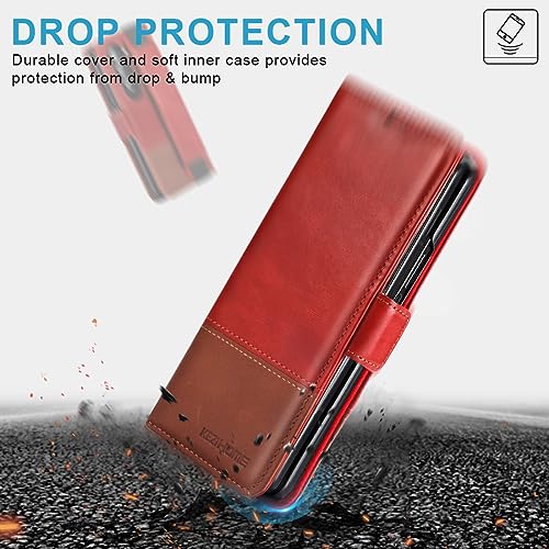 KEZiHOME Genuine Leather Wallet Case for Samsung Galaxy Z Fold 6 - color: Red Brown, size: Galaxy Z Fold 6 Case