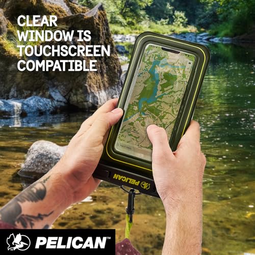 Pelican Marine Waterproof Phone Pouch w/Storage Pocket -Black/Hi-Vis Yellow | Large Touchscreen IP68 Floating Waterproof Phone Case w/Detachable Lanyard - Fits All Phones - Beach Cruise Travel Essentials - color: Black/Neon - 1 Pack - Large w/ Storage Poc