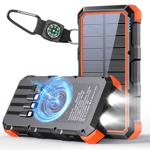 Solar Charger Power Bank 20000mAh Wireless Charger QC 3.0 Fast Charging Power Bank 8 Outputs 4 Inputs Solar Portable Charger Compatible with All Mobile Devices,SOS/Strobe/Strong Flashlights (orange)