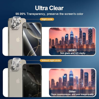 NEW'C 2 Pack for iPhone 16 Pro Screen Protector (6.3 inches) + 2 Pack Camera Lens Protector, Sensor Protection, Case Friendly Tempered Glass Film - Easy installation tool included - size: 16 Pro 6.3 inches