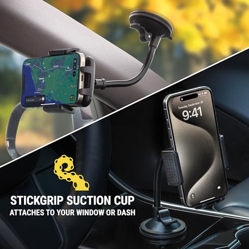 Scosche 4-in-1 Universal Suction Cup Cell Phone Holder for Car Vent/Dashboard/Console/Windshield, Adjustable Hands-Free Phone Car Mount, Cellphone Stand Compatible with iPhone 16/15/14/13/12 & Android - size: 1 Pack, style: Window / Dash / Console / Vent