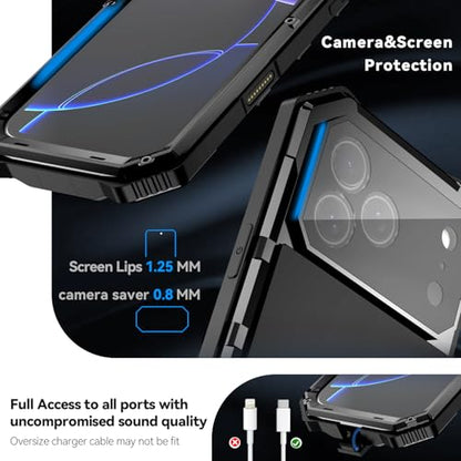 Simicoo Military Metal Heavy Duty Case Compatible with iPhone 17 Pro, Drop Protection Rugged Defender Metal Bumper Screws Phone Cover with Stand Gorilla Glass Camera Cover Full Body Dustproof Black - color: Black, size: iPhone 17 Pro