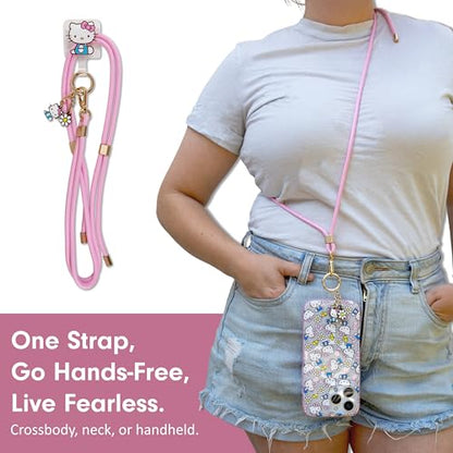 Sonix x Sanrio | Crossbody Phone Strap with Charms | Adjustable, Universal Cell Phone Rope Strap Lanyard | Pink Cord | Hello Kitty Pink Bows - color: Hello Kitty Pink Bows