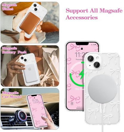 UEEBAI Magnetic iPhone 14 & 13 Case, Bow Compatible With MagSafe, Wireless Slim Clear Ribbon Phone Cover Anti-Yellowing Shockproof Protective for Women Girl - White - color: White, size: iPhone 13/14