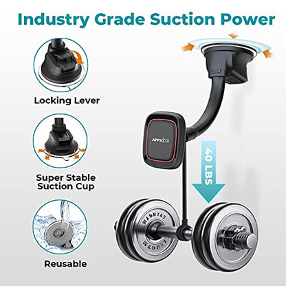 APPS2Car Magnetic Phone Holder for Car, Dashboard Windshield Phone Holder Mount with Flexible Arm & Built-in Strong Magnets, Suction Cup Phone Holder for Car Compatible with All Smartphones - color: Black