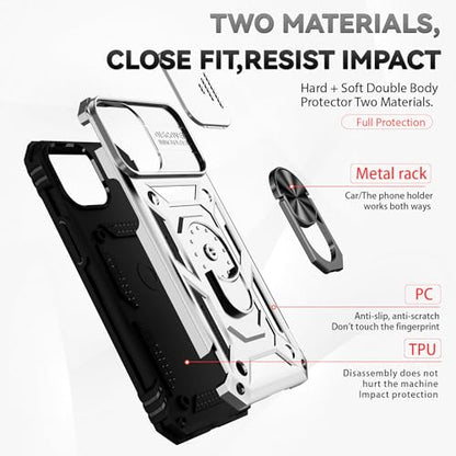 for iPhone 12 Mini Case with Camera Lens Cover HD Screen Protector, Dual Layer Military Grade Drop Protection Magnetic Ring Holder Kickstand Protective Phone Case for iPhone 12 Mini 5.4 inch (Silver) - color: Silver with camera cover Military-Grade 2nd ge