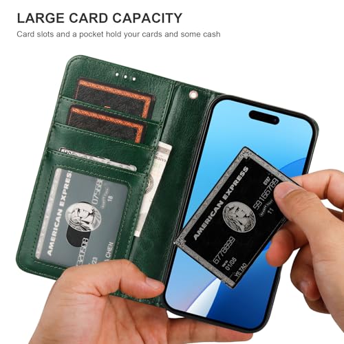 Bocasal Detachable Wallet Case Card Holder for iPhone 16, Green | RFID Blocking Kickstand Card Slots Holder PU Leather Magnetic Shockproof Wrist Strap Removable Flip Protective Cover 6.1 inch - color: Green
