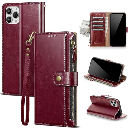 Compatible with iPhone 13 Pro Max Wallet Case with Card Holder RFID Blocking Zipper PU Leather Flip Phone Case with Wrist Strap Credit Card Slots Men Women,for Apple 13 Pro Max,Wine Red - color: Wine Red, size: iPhone 13 Pro Max - 6.7