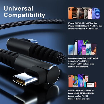 USB C to USB C Cable 100W 1ft 90 Degree Fast Charging Nylon Braided 3-Pack