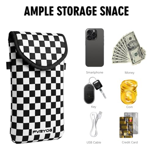Neoprene Phone Sleeve Pouch Case Bag for Men Women w/Crossbody Strap/Neck Lanyard for iPhone 17/16/15/14 Pro Max, Samsung S25，Pixel 10 - color: Black & White Checkered
