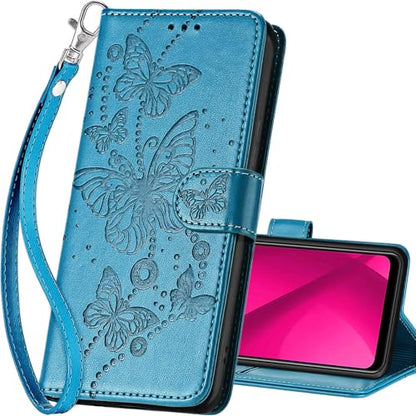 for T-Mobile Revvl 7 5G Wallet case, Blue-Butterfly | 3 Card Holders, Kickstand, Shockproof TPU Shell, PU Leather, Magnetic Closure, Protective Flip Folio Cover, Women - color: 8