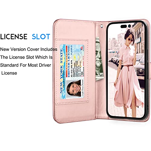 Tekcoo Wallet Case Compatible with iPhone 14 (6.1 inch) 2022 Luxury ID Cash Credit Card Slots Holder Carrying Pouch Folio Flip PU Leather Cover [Detachable Magnetic Hard Case] with Strap [Rose Gold] - color: W-Rose Gold, size: IP 14 (6.1")