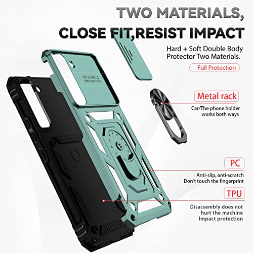 for Samsung Galaxy S22 Case with Camera Lens Cover Screen Protector, Dual Layer Military-Grade Drop Tested Magnetic Ring Holder Kickstand Protective Phone Case for Samsung Galaxy S22 5G (Dark Green) - color: Dark Green with camera cover Military-Grade