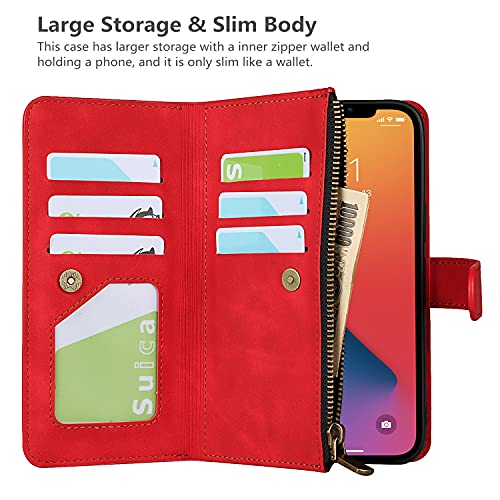 iCoverCase Compatible with iPhone 13 Wallet Phone Case with Card Holder, PU Leather Zipper Pocket Magnetic Detachable Flip Case with Wrist Strap (Red) - color: Detachable--Red