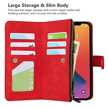 iCoverCase Compatible with iPhone 13 Wallet Phone Case with Card Holder, PU Leather Zipper Pocket Magnetic Detachable Flip Case with Wrist Strap (Red) - color: Detachable--Red