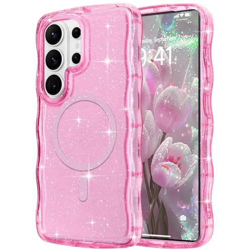 Pepmune Magnetic for Samsung Galaxy S26 Ultra Case Clear Glitter, Hot Pink | Sparkly Bling Shiny Cute Curly Wave Cover for Women Men, Compatible with MagSafe, TPU Shockproof Protective Phone Case - color: Hot Pink, size: Samsung Galaxy S26 Ultra