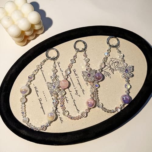 Rhinestone Bead Phone Charm for Women, Butterfly Bow Beaded Wrist Strap Lanyard with Tether Tab – Anti-Theft Hands-Free Detachable Phone Chain Wristlet - color: Butterfly Beads White