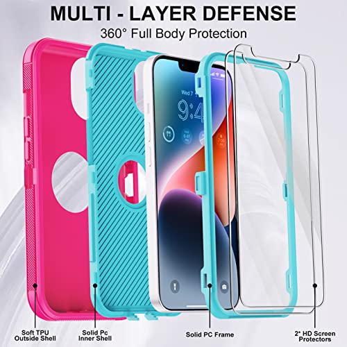 iPhone 14 Case (Rose/Light Green) - 3-Layer Military Grade Shockproof Protection with 2 Screen Protectors - color: Rose/light green II