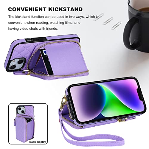 Bocasal Crossbody Wallet Case Card Holder for iPhone 13, Purple | RFID Blocking PU Leather Zipper Handbag Purse, Kickstand Flip Folio Case with Card Slots Holder Wrist Strap Lanyard 6.1 Inch - color: Purple