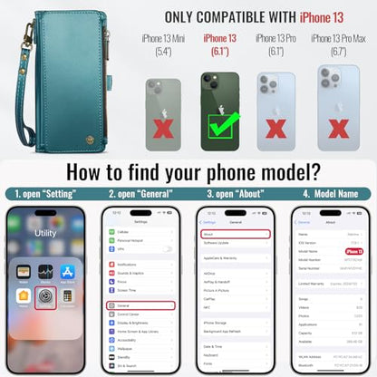 Defencase for iPhone 13 Wallet Case with RFID Blocking Card Holder, Green | Durable Soft PU Leather, with Zipper Pocket, Wrist Strap, Fashion Snap Flip Phone Cases Cover with Stand for Women and Men - color: Blue Green