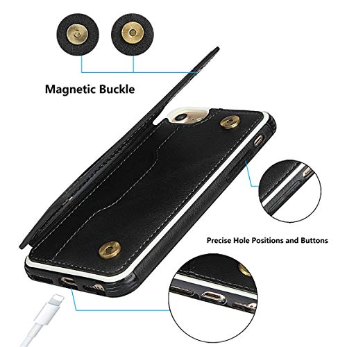 iCoverCase Compatible with iPhone SE(2022)/SE(2020)/7/8/6/6s Wallet Case with Card Slots Holder and Wrist Strap Premium PU Leather Kickstand Magnetic Clasp Shockproof Flip Cover Case (Black) - color: Black